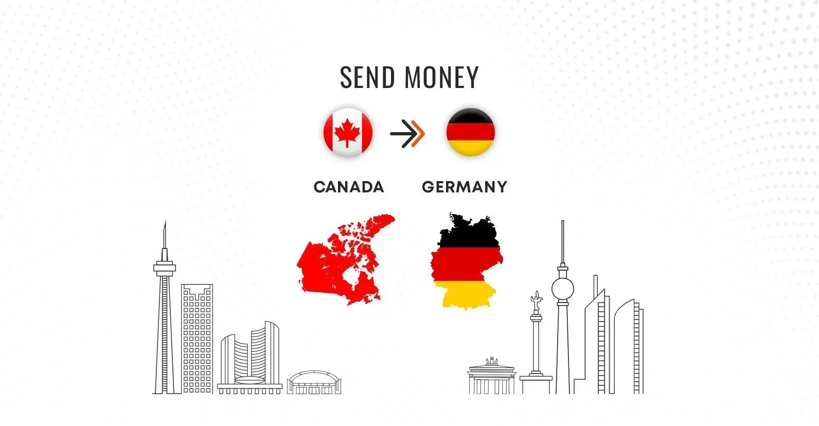 Illustration showing money transfer from Canada to Germany with national flags, country maps, and MTFX branding, highlighting international payment services