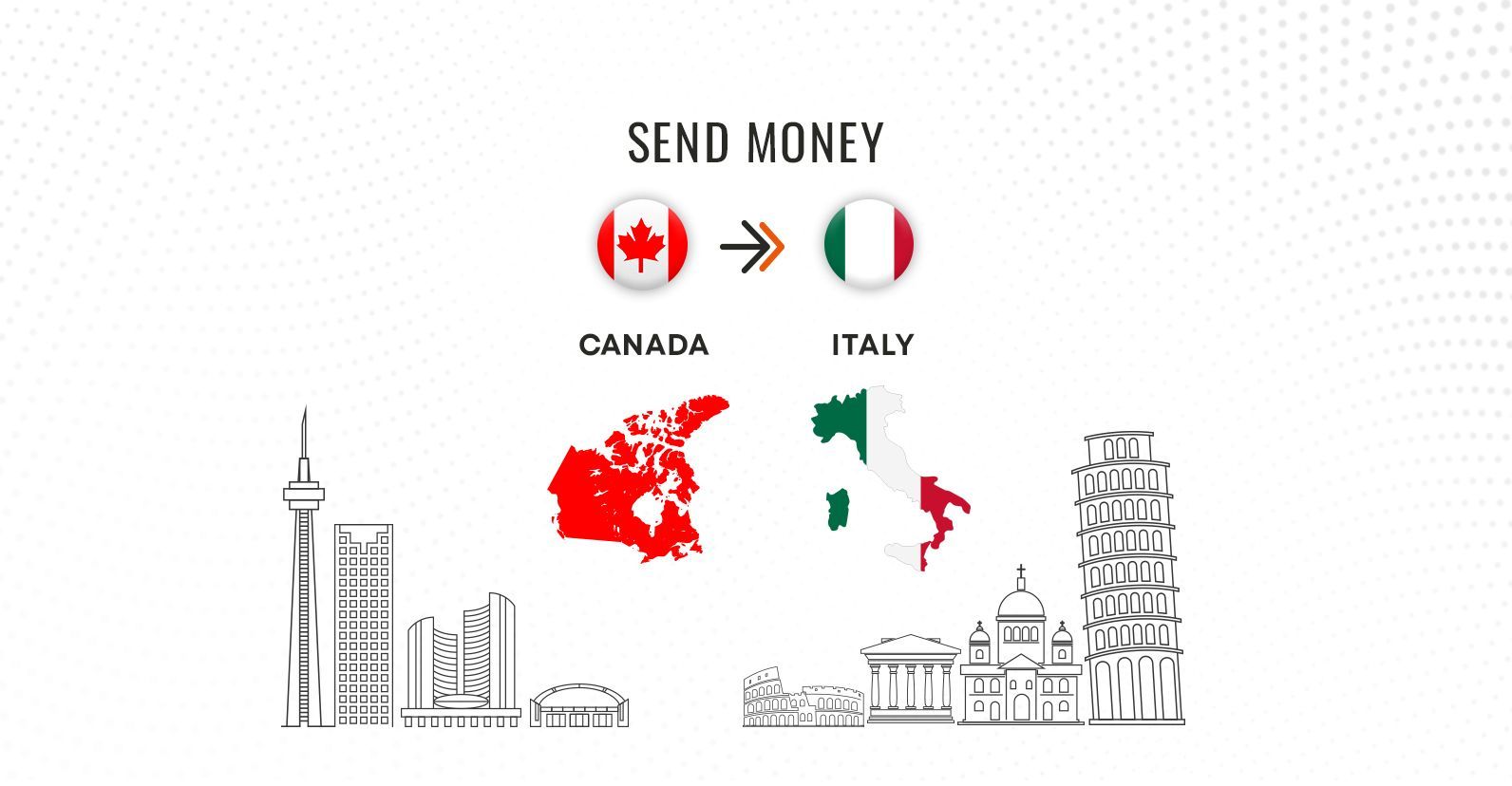 Illustration of money transfer from Canada to Italy featuring country flags, maps, and MTFX branding, promoting international payment services.