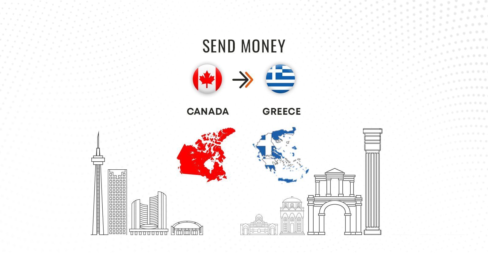 Illustration showing international money transfer from Canada to Greece with country maps and flags, used for promoting MTFX’s overseas payment services.