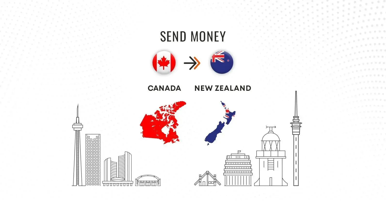 Illustration showing money transfer from Canada to New Zealand with country flags, maps, and iconic landmarks, representing international payment services.