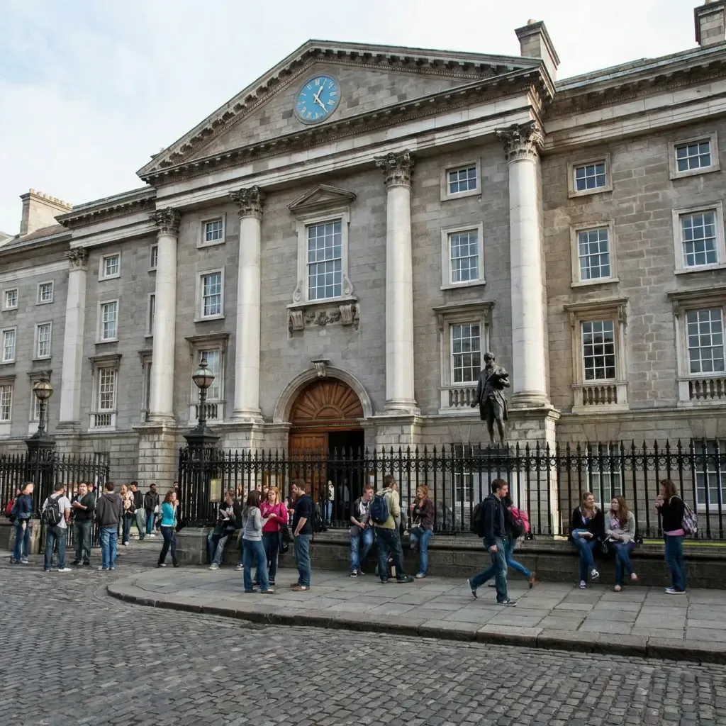 Students pass by the neoclassical entrance of Trinity College Dublin. MTFX lets Canadian students pay tuition in euros directly from Canada while saving on every transfer.