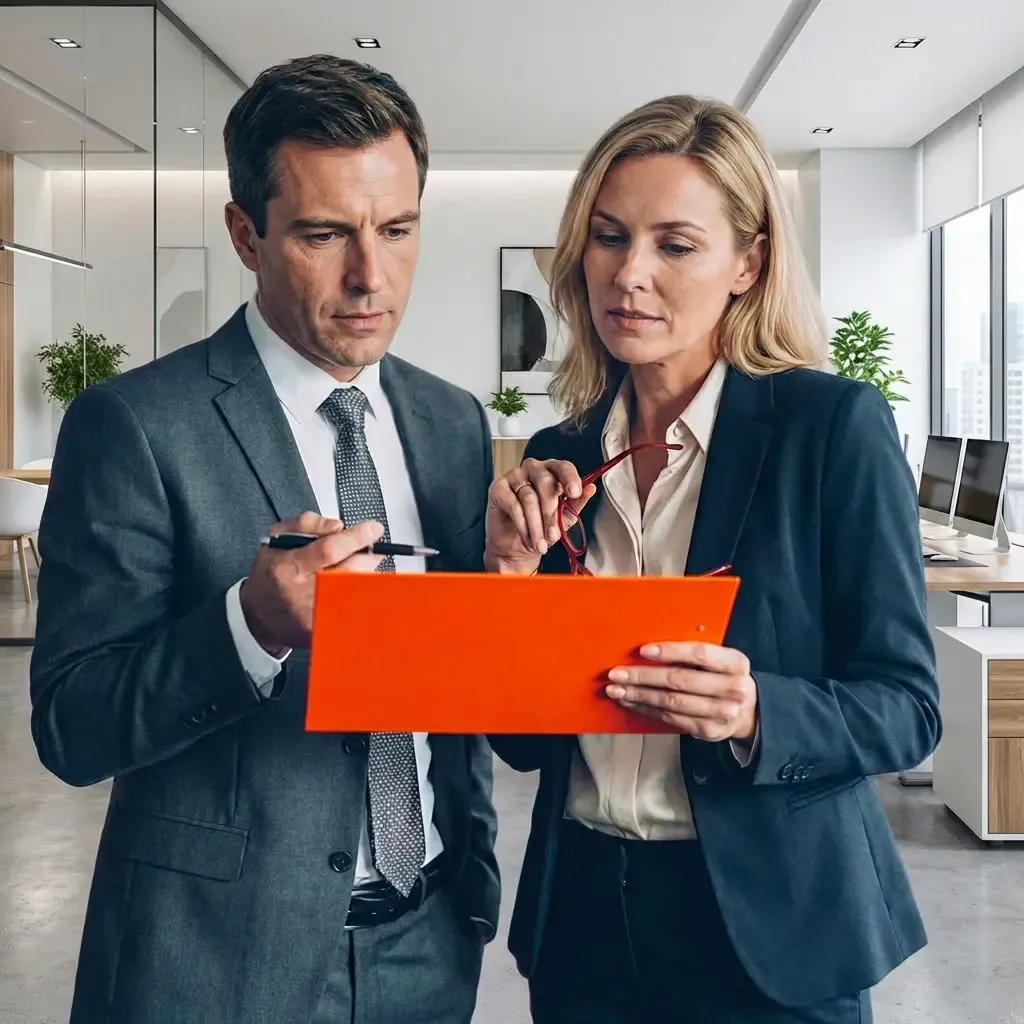 Two business professionals discussing documents in a modern office setting