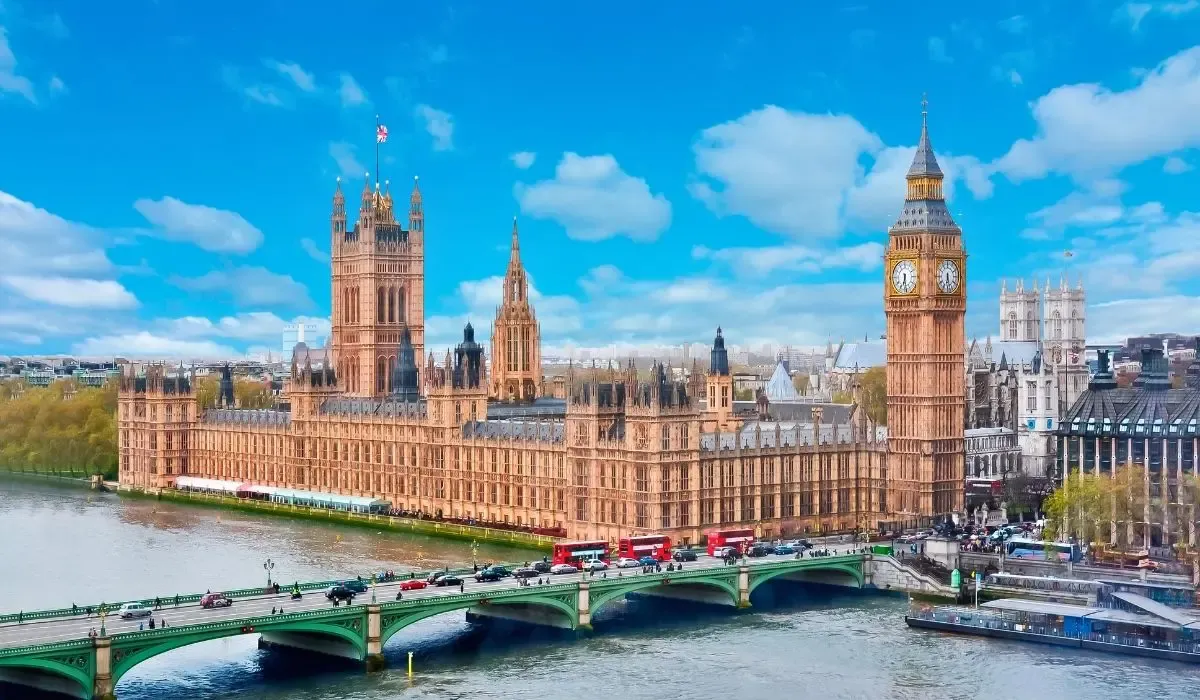 A classic image of London's skyline, featuring the River Thames, the Houses of Parliament, and the London Eye under a partly cloudy sky.