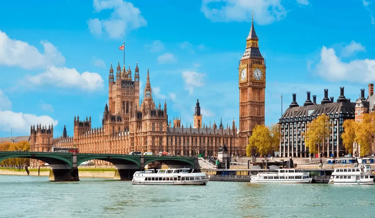 View of Big Ben and the Houses of Parliament in London along the River Thames, representing international money transfers or property transactions in the UK