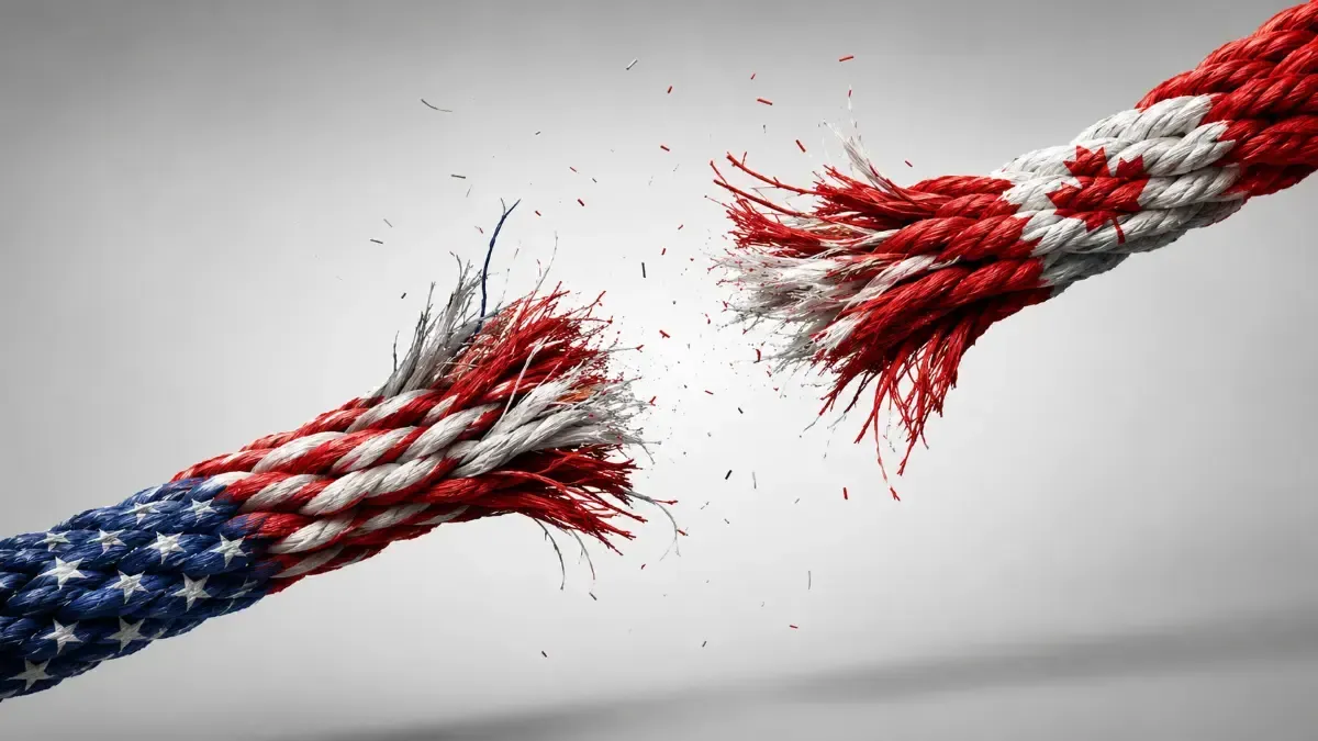 Two thick braided ropes styled like the U.S. and Canadian flags are fraying and snapping apart in the center, with loose fibers flying against a neutral gray background, symbolizing tension or separation between the two countries.