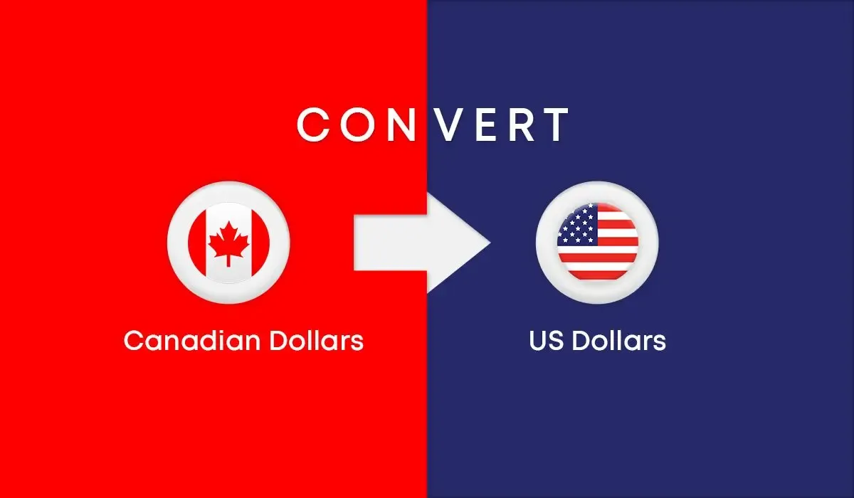 Graphic showing conversion of Canadian Dollars to US Dollars with Canadian and US flags, and an arrow indicating the exchange process.