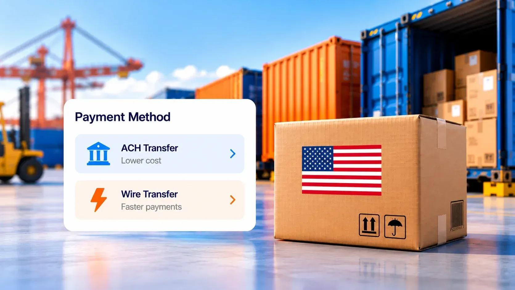 US supplier shipping box beside ACH and wire transfer payment options for Canadian businesses paying US suppliers.