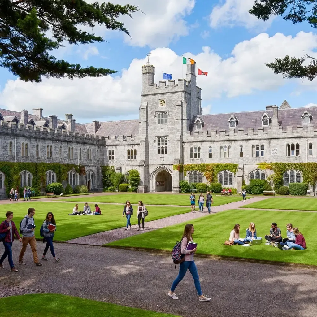 Students walking near the historic stone quadrangle at University College Cork. Canadian students can send EUR tuition directly from Canada and avoid high bank charges with MTFX.