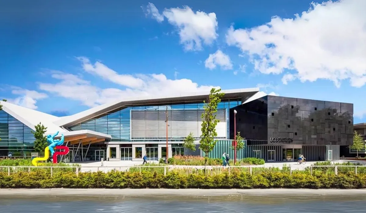 Contemporary architecture at University College Dublin under a clear blue sky. Canadian students can transfer EUR tuition from Canada securely and cost-effectively using MTFX.