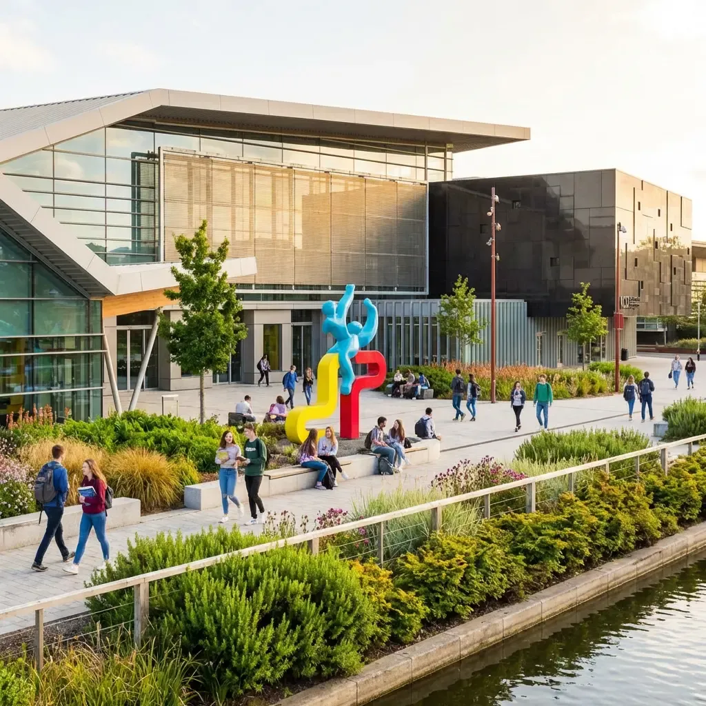 Contemporary architecture at University College Dublin under a clear blue sky. Canadian students can transfer EUR tuition from Canada securely and cost-effectively using MTFX.