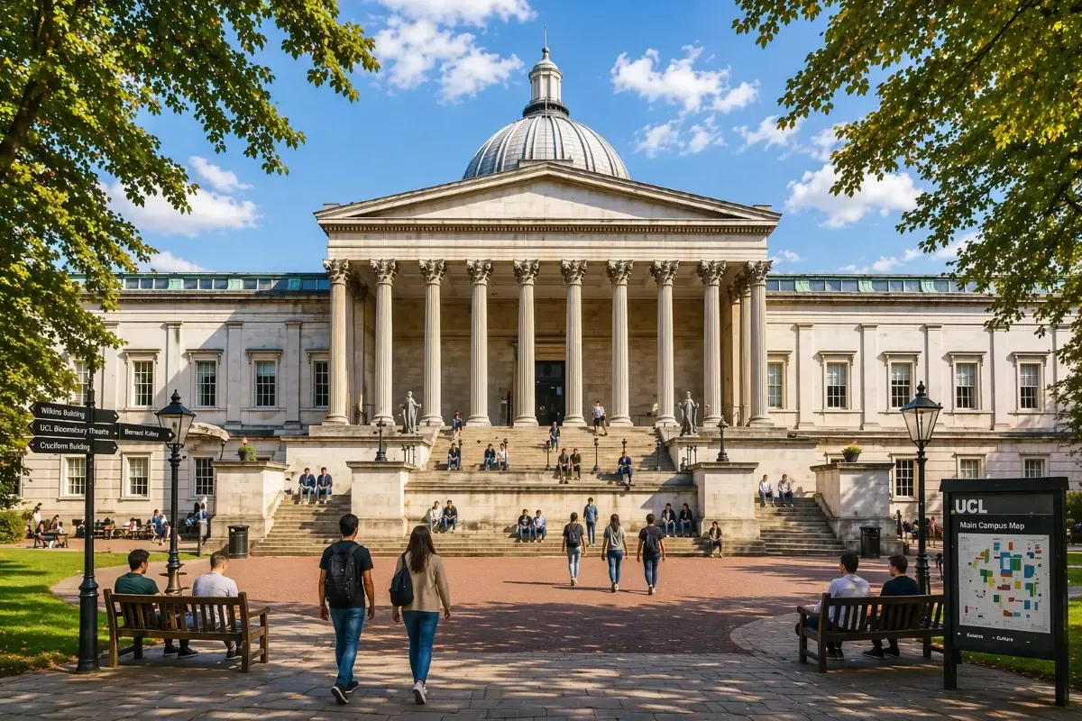 Students walking across the plaza in front of University College London’s grand neoclassical building with tall columns, stone steps, and a domed roof under a bright blue sky.
