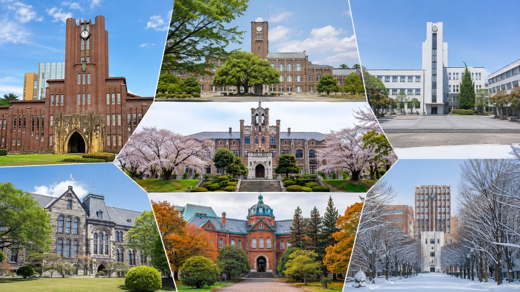 Collage of leading Japanese universities including University of Tokyo, Kyoto University, Osaka University, Waseda University, Keio University, Hokkaido University, and Tohoku University, showcasing iconic campus architecture, cherry blossoms, modern academic buildings, and seasonal landscapes for Canadian students considering studying in Japan.