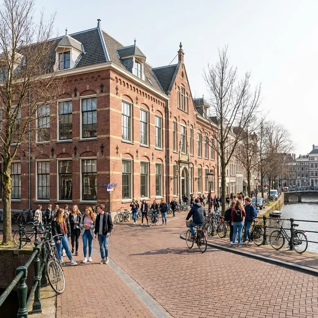 Classic red brick university building in Amsterdam’s canal district. Canadian students can transfer tuition in euros with MTFX and save on bank fees while studying in the Netherlands.