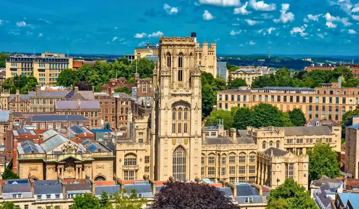 Aerial view of the University of Bristol’s Wills Memorial Building and surrounding campus nestled in the cityscape.