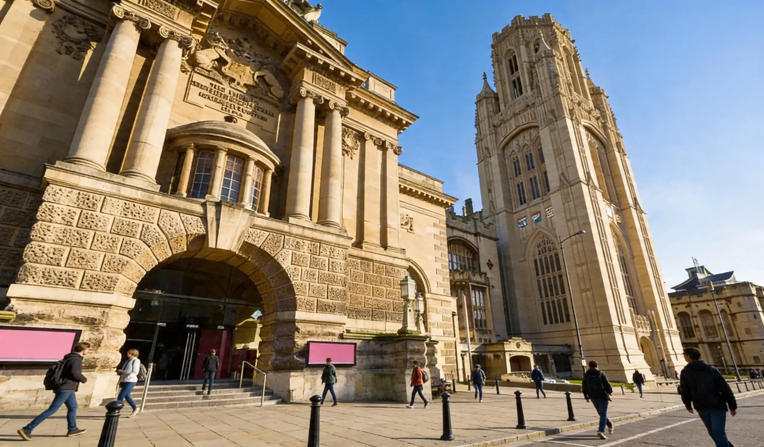 A scenic image of the University of Bristol campus, showcasing a mix of historic and modern buildings set against a vibrant urban backdrop.