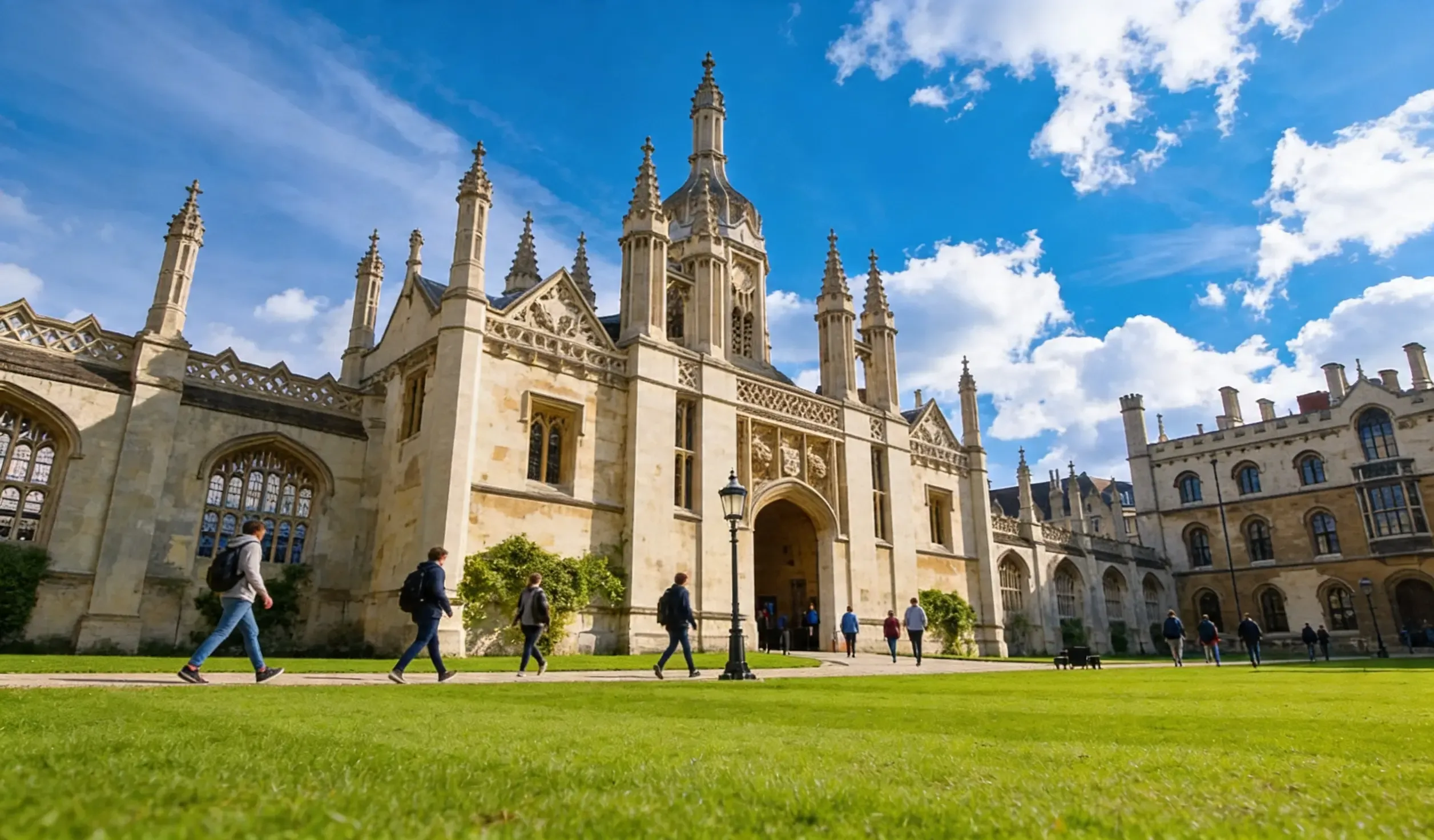 The iconic King's College Chapel at the University of Cambridge, set against a blue sky with manicured lawns and Gothic-style architecture.