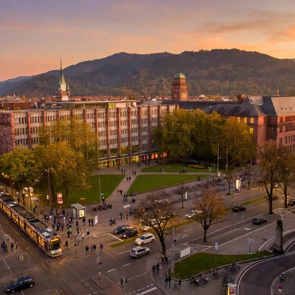 Red-roofed campus buildings of the University of Freiburg surrounded by greenery. Use MTFX to pay tuition from Canada in euros, faster and cheaper than traditional banks.