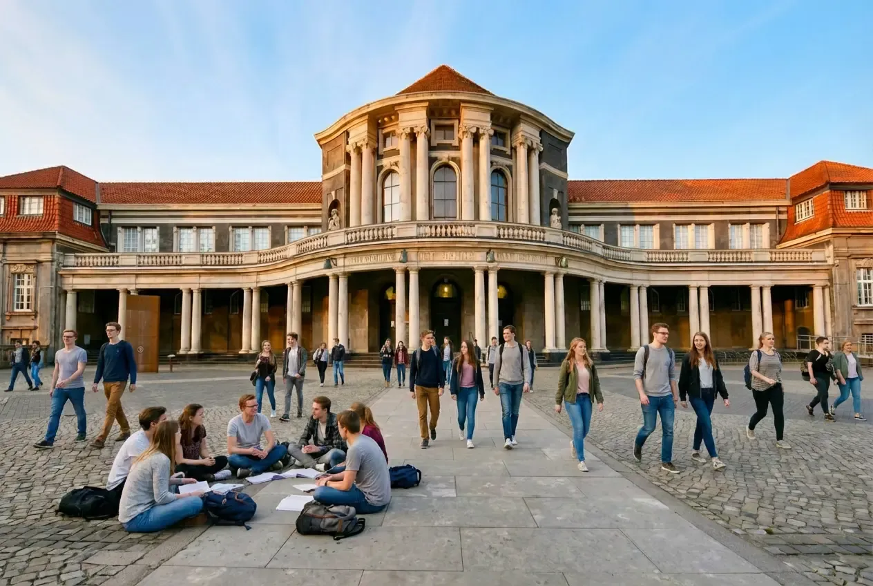 The University of Hamburg’s main campus with a bustling plaza. Canadian students can transfer tuition in EUR from Canada with MTFX, low-cost, secure, and efficient.