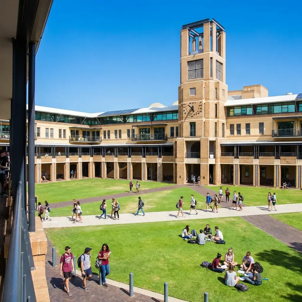 A bustling scene at the University of New South Wales, depicting students walking through the main quadrangle flanked by modern faculty buildings.