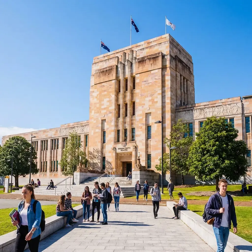 A vibrant view of the University of Queensland's Great Court, showcasing heritage-listed sandstone buildings and well-manicured lawns.