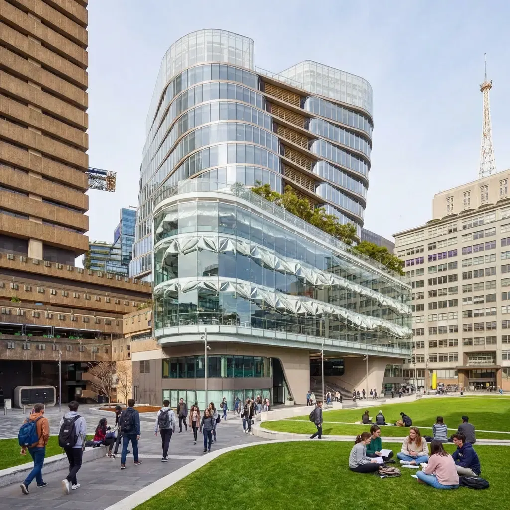 A modern depiction of the University of Technology Sydney's campus, highlighting the distinctive Dr Chau Chak Wing Building designed by architect Frank Gehry.