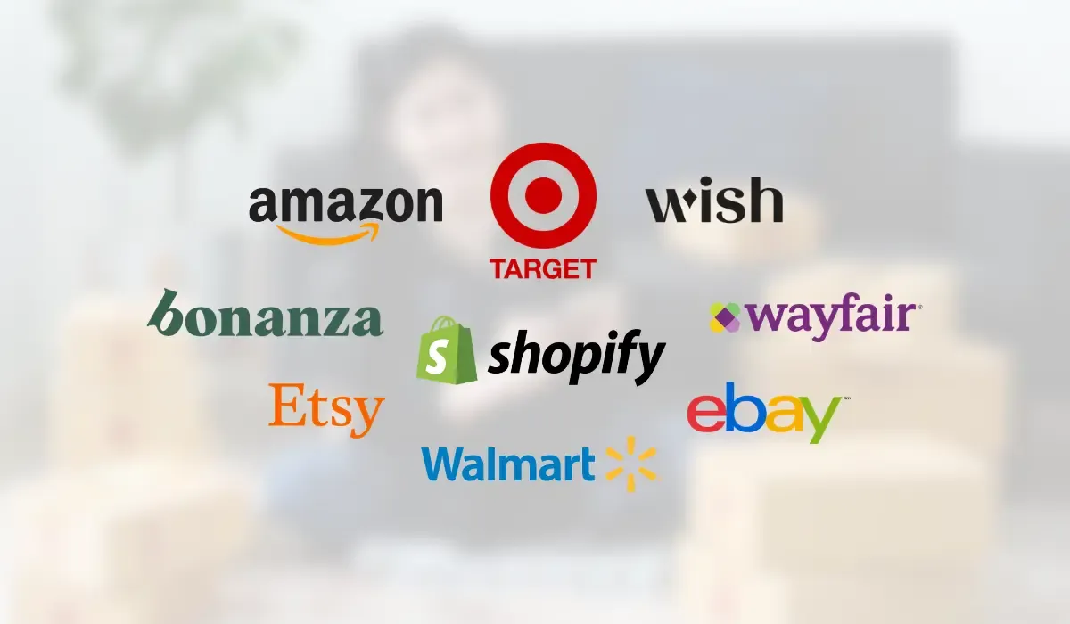 Global ecommerce marketplace logos including Amazon, Target, Shopify, eBay, Etsy, Walmart, Wayfair, Bonanza and Wish representing international sales platforms.