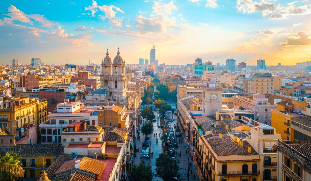 An aerial view of Valencia at sunset, showing a blend of historic and modern architecture, including baroque churches and contemporary high-rises lining a tree-filled boulevard.