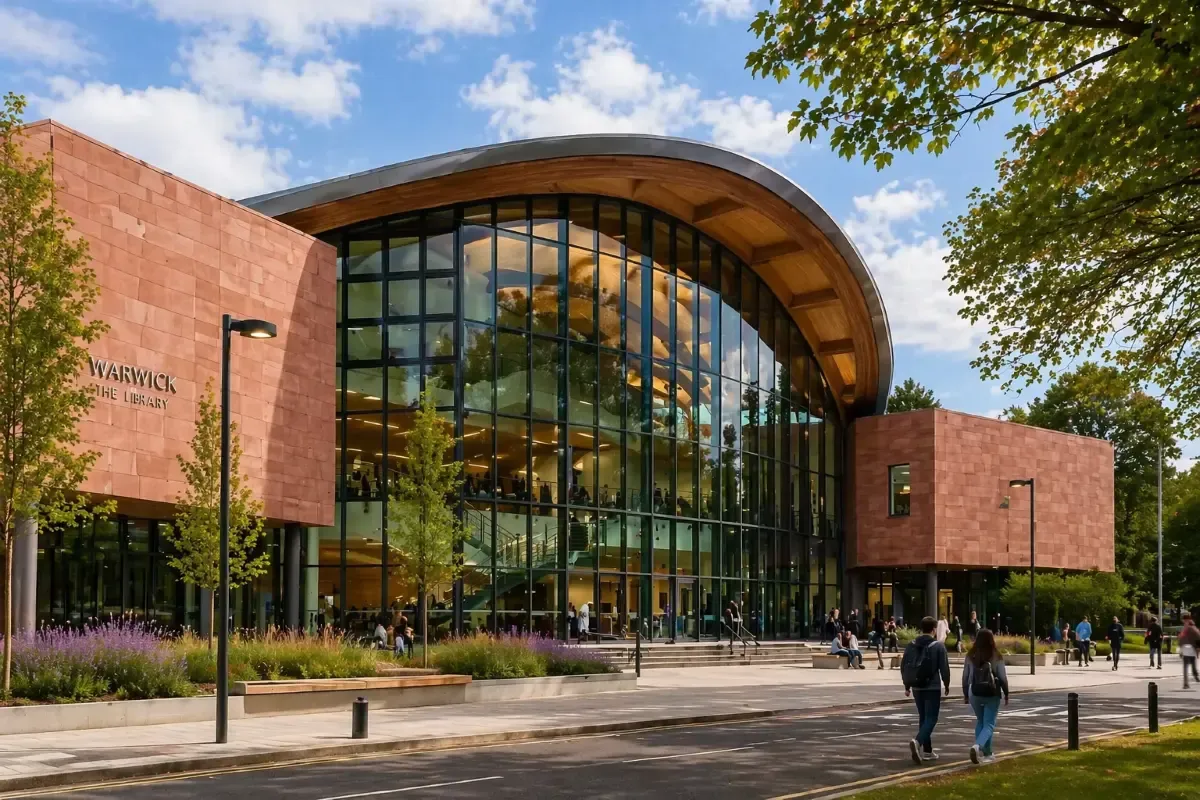 Exterior view of Warwick University’s modern library building with curved wooden rooflines, glass walls, landscaped walkways, and students walking nearby.