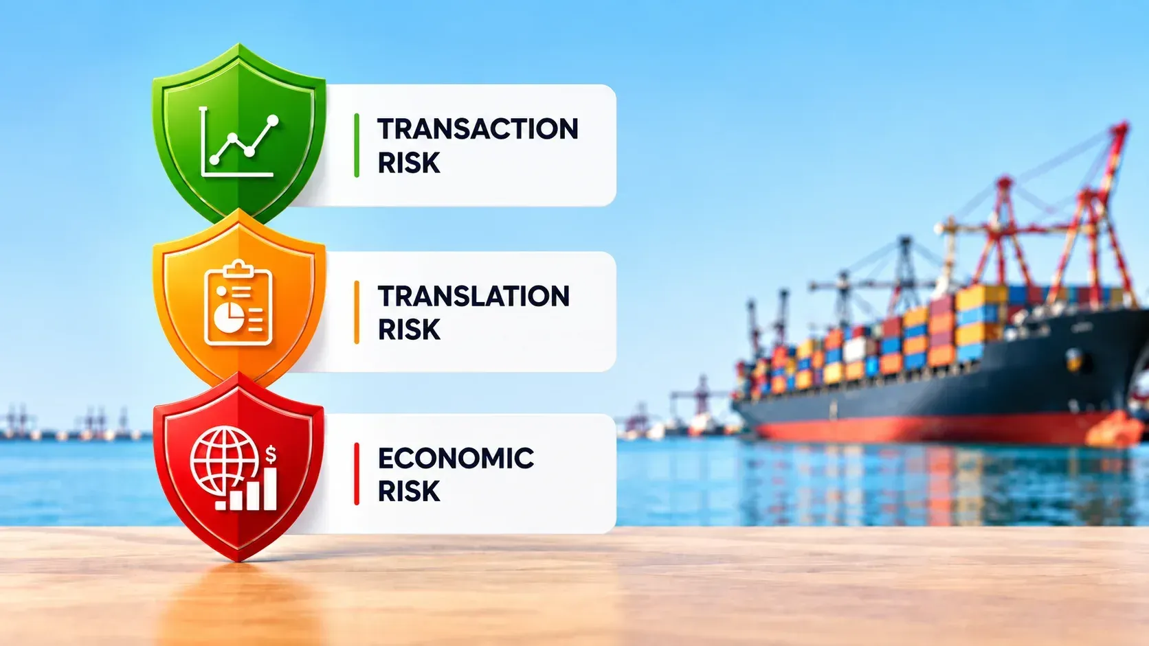 Three FX risk types—transaction, translation, and economic risk—shown with colored shield icons beside a global cargo ship.