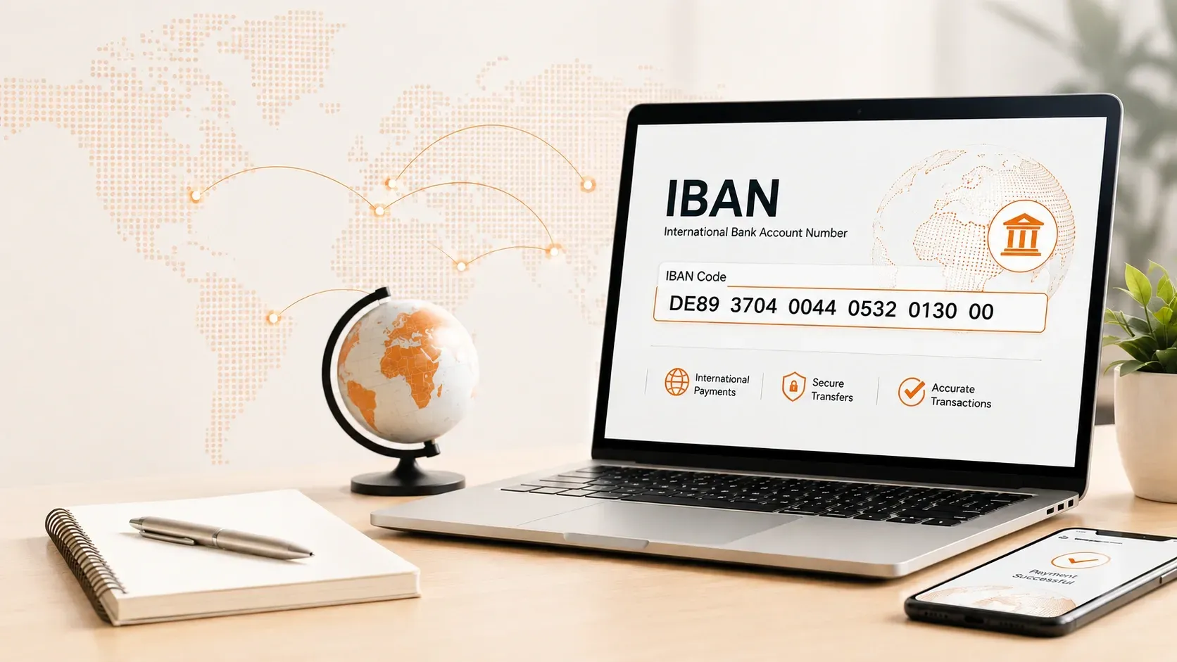 Modern workspace featuring an international bank transfer form with IBAN details, laptop, globe, and financial document.