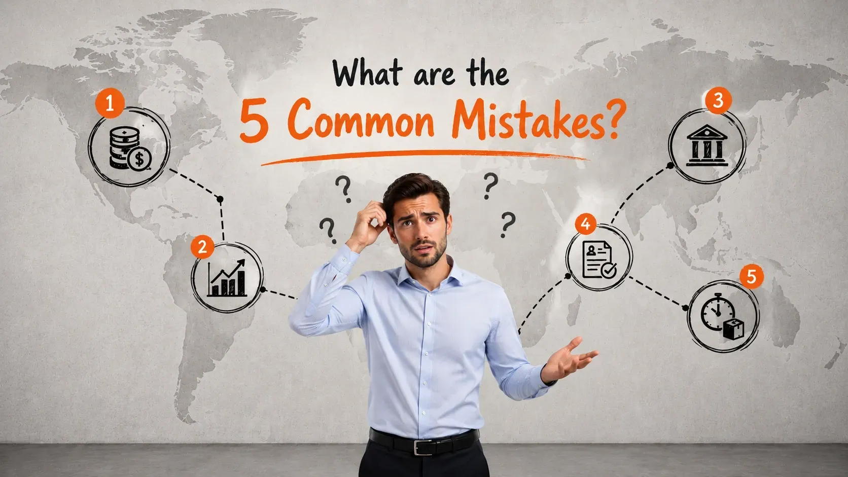 Confused business professional standing in front of a wall displaying the five most common international payment mistakes.