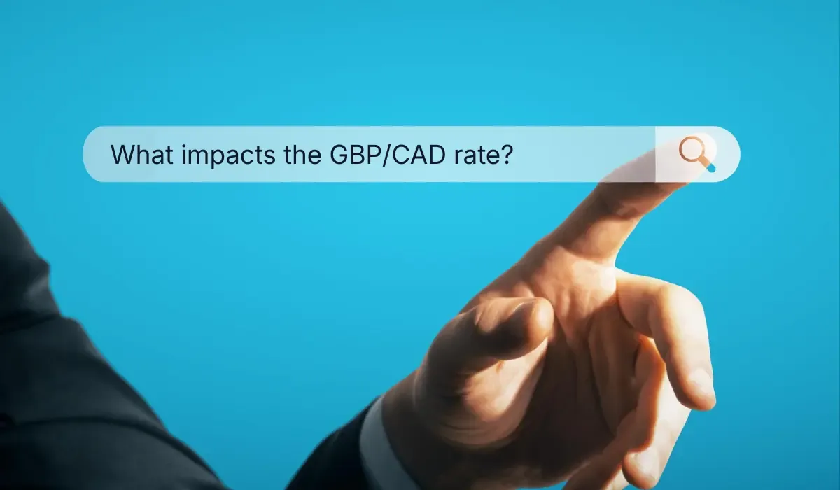 Close-up of a hand touching a digital search bar displaying the text “What impacts the GBP/CAD rate?” on a bright blue background, representing online currency research and exchange rate analysis.