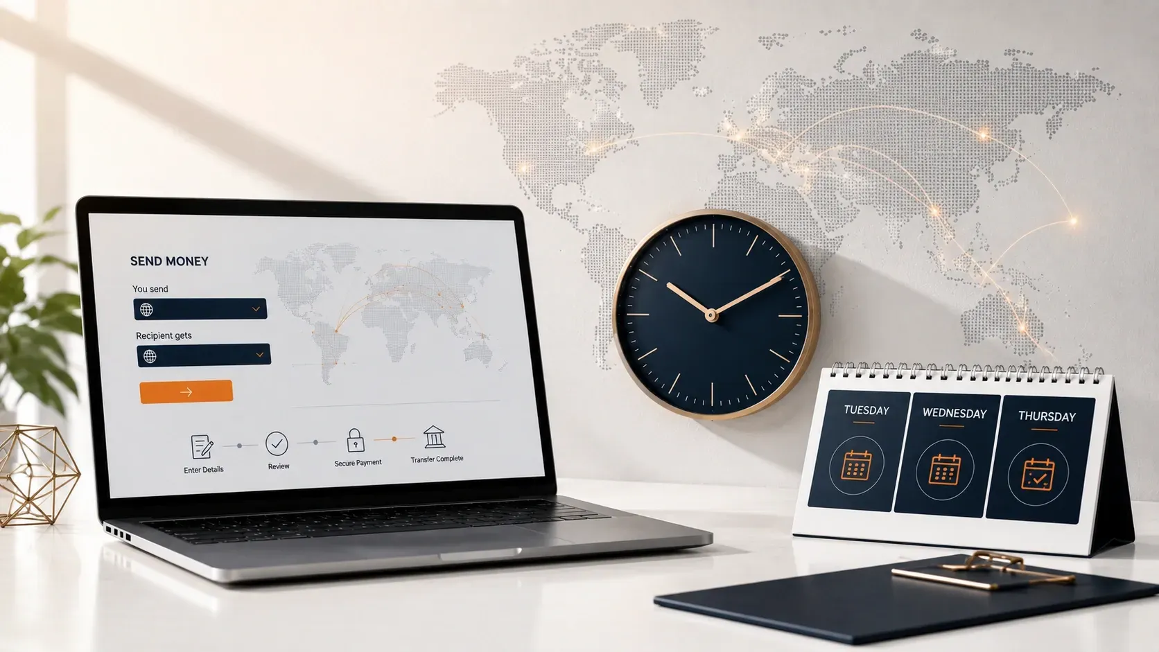 Professional workspace with a global money transfer dashboard, wall clock, and weekly calendar highlighting the best days to send money overseas.