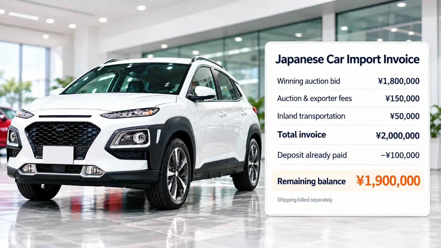 White SUV with a Japanese car import invoice showing auction price, exporter fees, inland transportation, deposit paid, and remaining balance in Japanese yen (JPY).