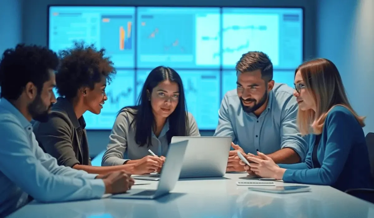 Group of people in a conference room equipped with laptops, notebooks, and pens, engaged in a discussion while a presentation is displayed on a projector screen in the background.