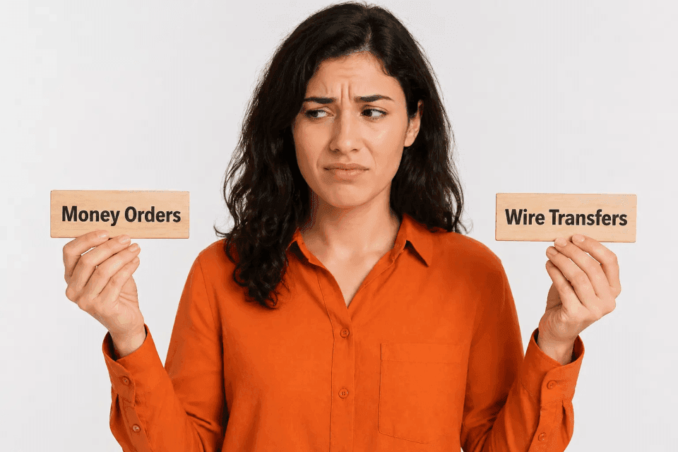 Woman in an orange shirt holding wooden signs labeled “Money Orders” and “Wire Transfers,” looking confused while comparing payment options.