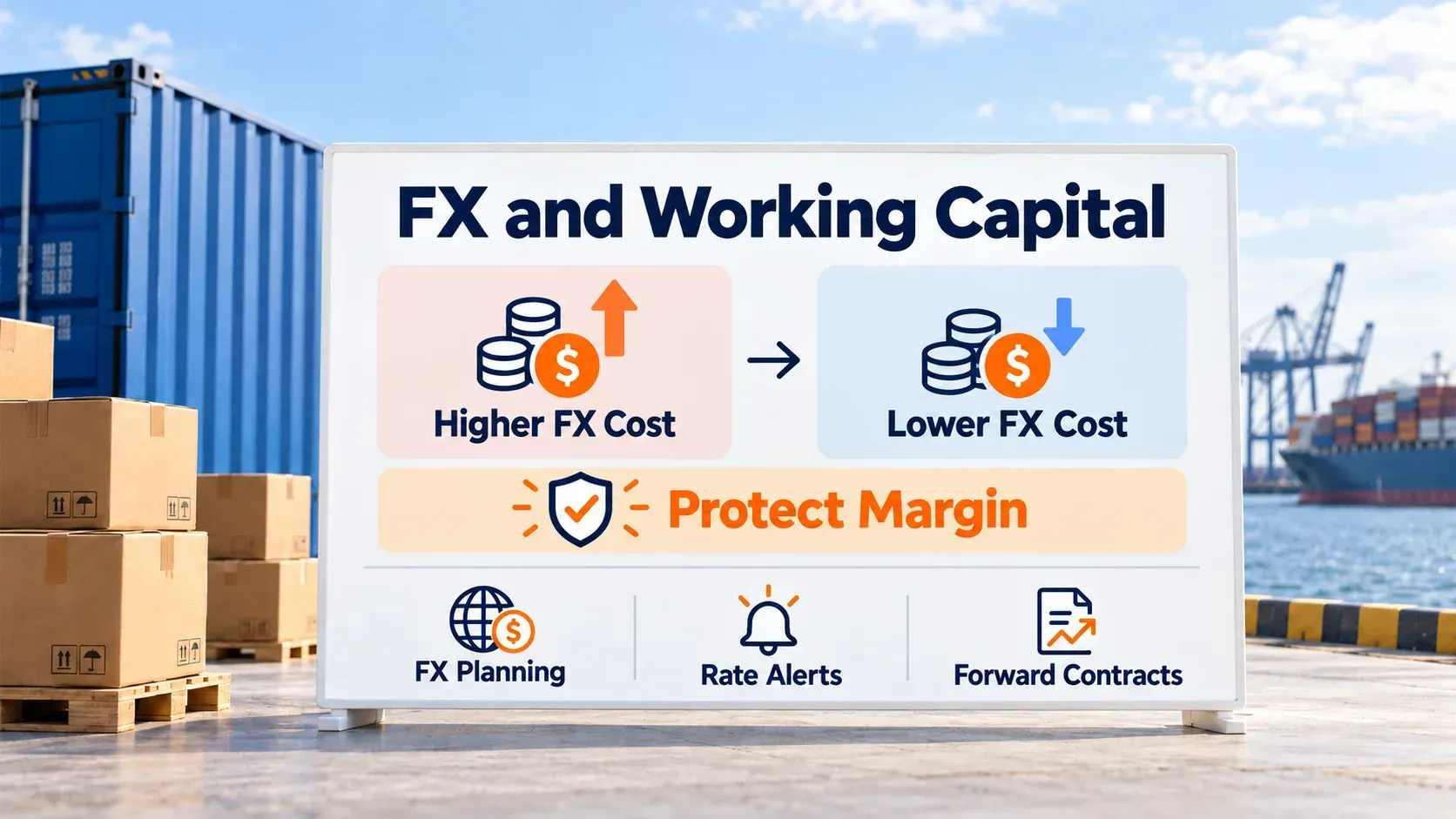 FX and working capital management for importers and exporters, showing higher and lower foreign exchange costs, margin protection, rate alerts, and forward contracts.