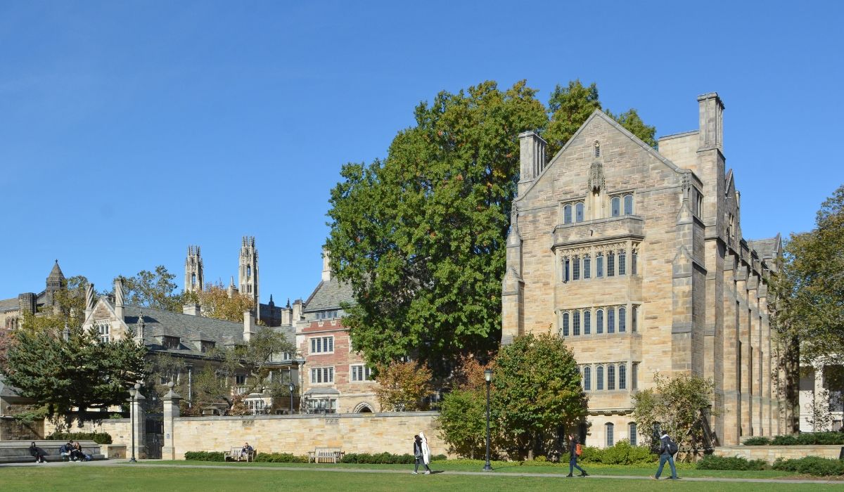 Historic stone and brick buildings at Yale University framed by lush trees and blue skies, showcasing the university’s Gothic Revival architecture.
