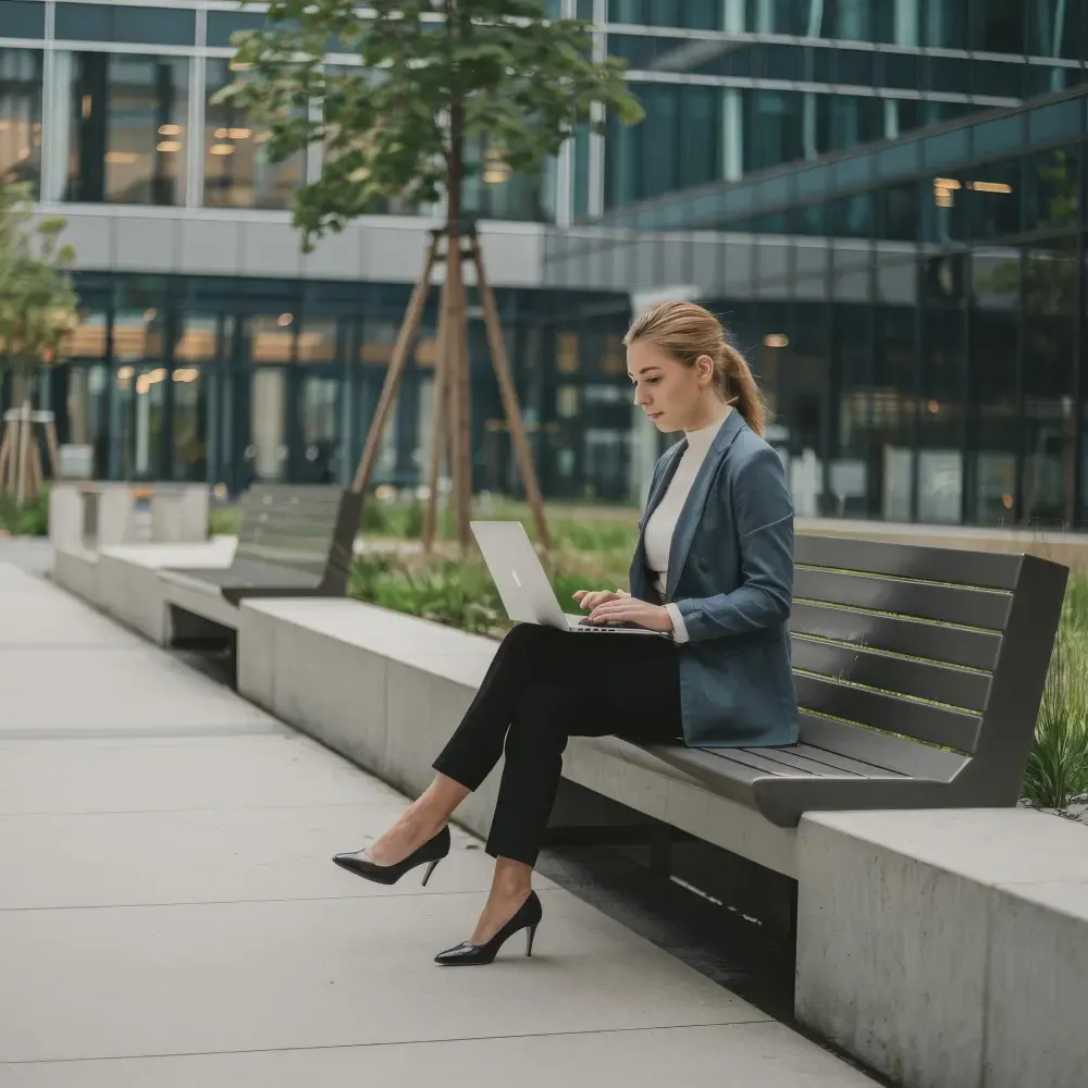 Young european business woman freelancer sitting on bench working with laptop in city park on moder