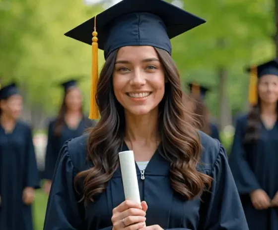 Smiling graduate holding a diploma during an outdoor graduation ceremony with classmates in the background.