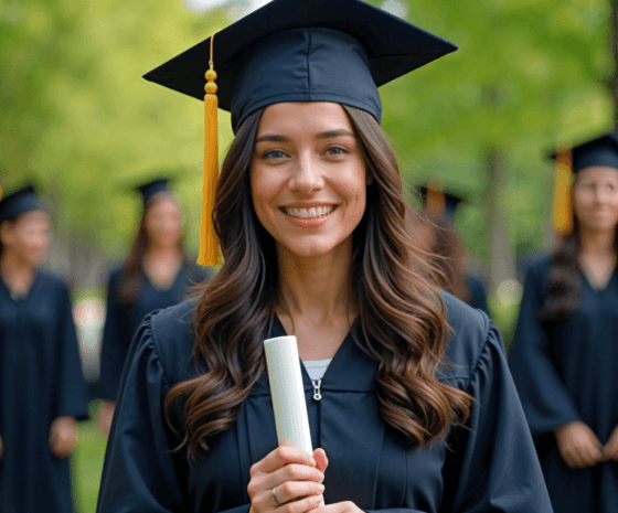Smiling graduate holding a diploma during an outdoor graduation ceremony with classmates in the background.