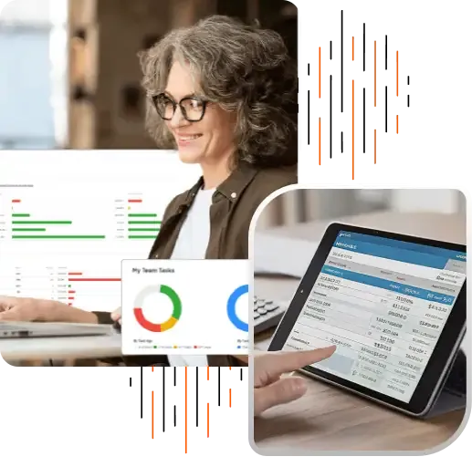 Smiling woman analyzing data on a laptop and tablet with charts and financial dashboards on screen
