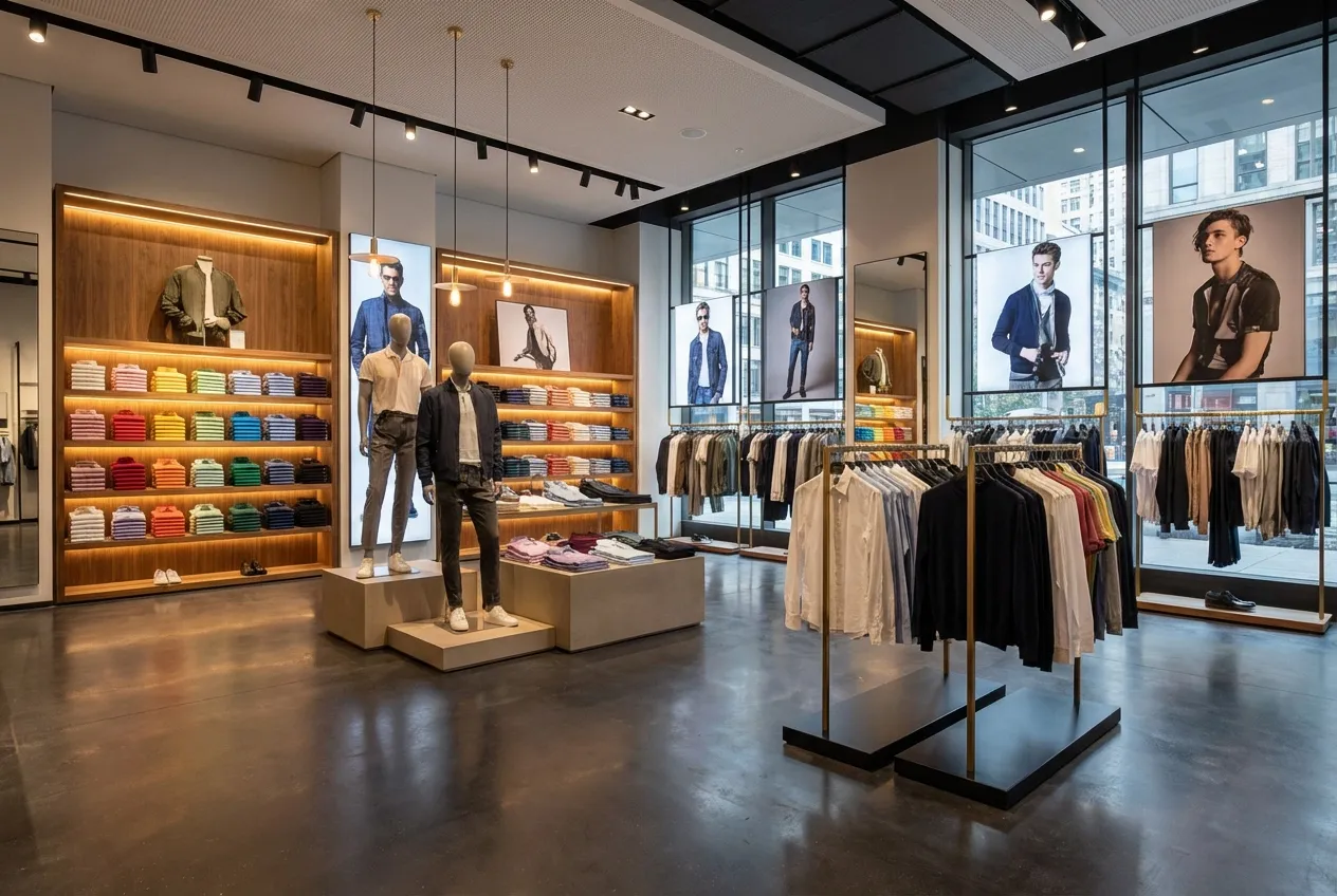 A sleek, modern men's clothing store featuring organized racks, mannequins in smart-casual attire, and warm, backlit displays of colorful folded shirts.