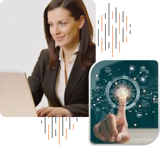 Businesswoman working on a laptop beside a digital interface with a hand pressing a futuristic touch button