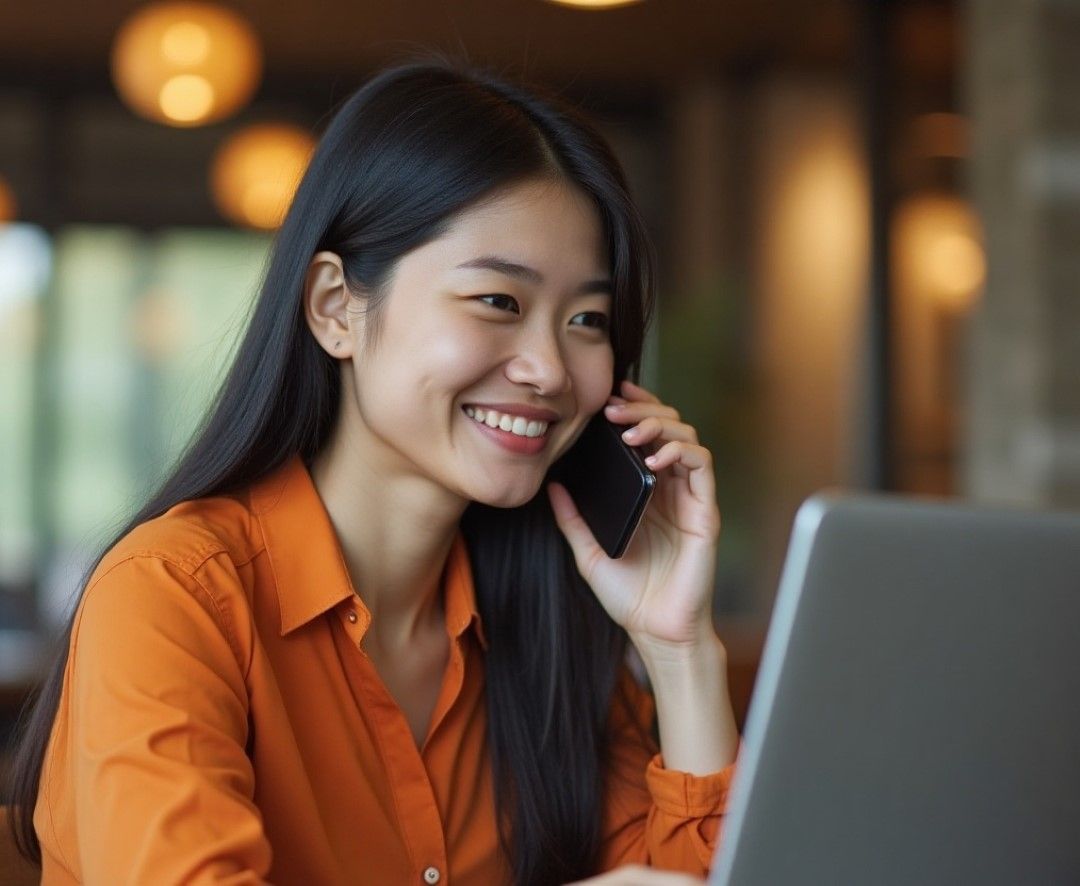 Smiling woman in an orange shirt speaking on the phone and using laptop to send money to Japan.