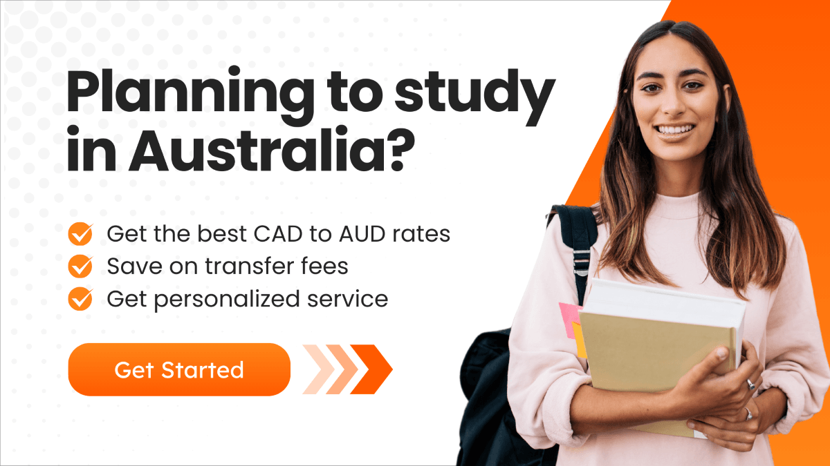 Promotional banner for studying in Australia, featuring a smiling student holding books and the text 'Planning to study in Australia?' 