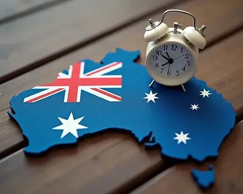 Australia map with clock highlighting fast ways to send money to Australia.