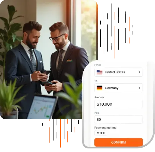 Vector illustration showing business professionals exchanging digital payments across devices, highlighting MTFX’s B2B solutions for secure, fast international business payments and global business transactions.