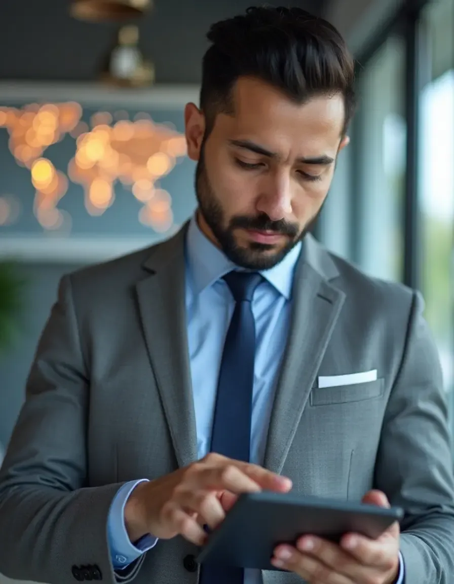 Professional in a suit interacting with a tablet near a large screen displaying a glowing world map, highlighting global business strategy and tech integration.