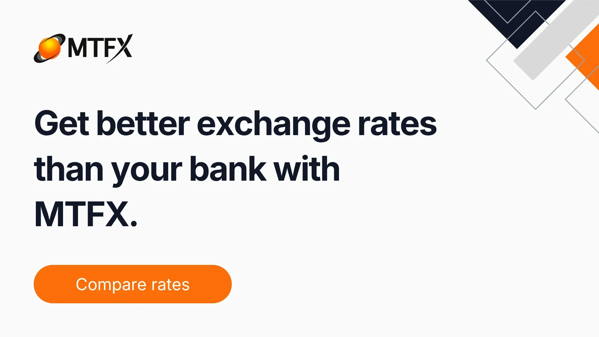MTFX banner promoting better exchange rates than banks with a compare rates button.